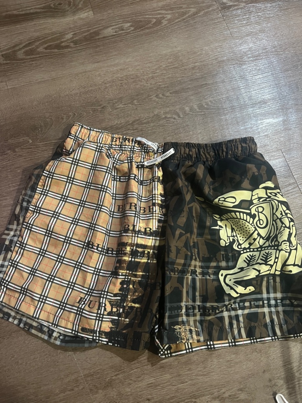 Burberry Split Plaid & Graphic Swim Shorts - Beige/Black/Olive